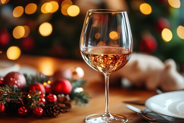 Elegant glass of red wine on a festive holiday table creating a warm, sophisticated, and celebratory atmosphere perfect for Christmas, dinner parties, and special occasions