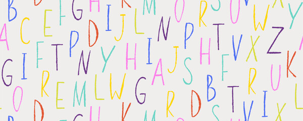 Doodle letters seamless pattern. Scribble alphabet, hand drawn wax crayon abc handwriting letters. English abstract text. Textile, wrapping paper, wallpaper. Print for fabric. Vector background