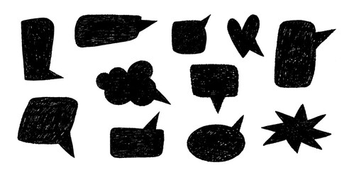 Empty speech bubbles. Doodle black forms for chat and message. Discussion and conversation, crayons drawing dialog windows. Sketch pencil. Thinking communication icon vector isolated hand drawn set