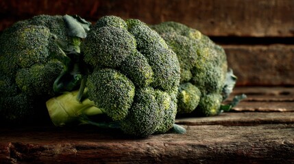 Fresh broccoli heads stacked neatly on aged wooden planks, captured in natural farm light to highlight their texture and freshness