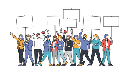 Group of people marching together holding blank signs and raising their arms in protest and demonstration