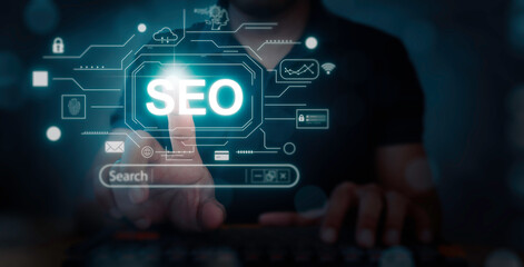 Man touch AI, SEO icon on websites to rank search engines. Search with Ai assistant, search on...