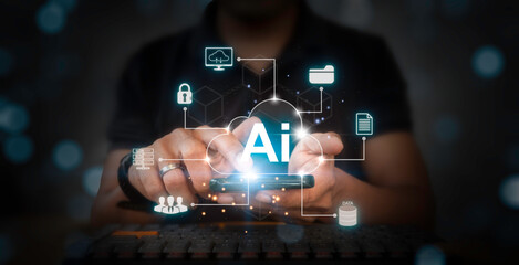Man using smartphone to manage data with AI technology. Artificial intelligence concept.