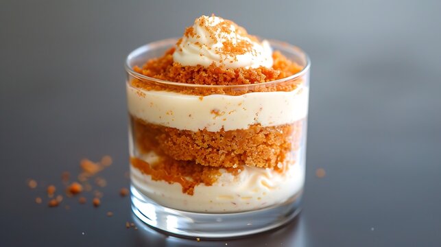 Delicious dessert in glass with cream and cookies
