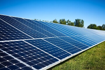 Clean energy solar panel field generating sustainable power with bright blue sky and green grass representing renewable energy and environmental innovation