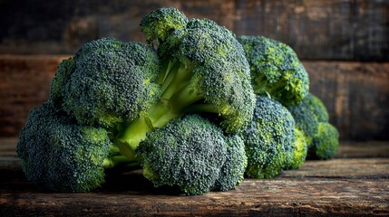 Fresh broccoli heads stacked neatly on aged wooden planks, captured in natural farm light to highlight their texture and freshness