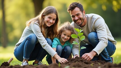 Happy young family with two children planting a tree together in a sunny park, smiling and bonding, symbolizing growth, unity, and environmental care
