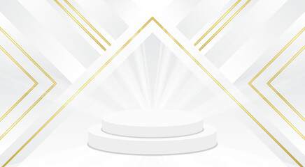 White empty podium on white background and gold strip line elements with light rays and bokeh effect decoration. Luxury award ceremony design concept. Vector illustration.	