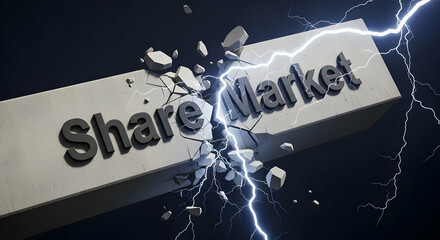 Share Market Crash: Financial Instability Depicted Through Concrete Breaking Under Lightning Strike A concrete beam displaying the text "Share Market"