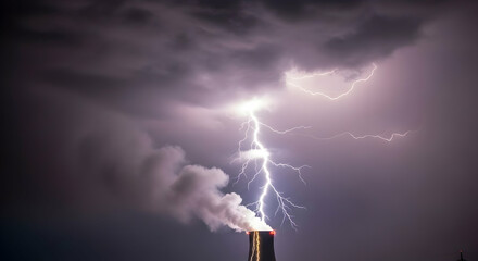 A dramatic image of a bright lightning strike over a plant. Smoke or vapor billows from the top of the building. The scene is set against a dark, stormy sky, emphasizing the raw power of nature.