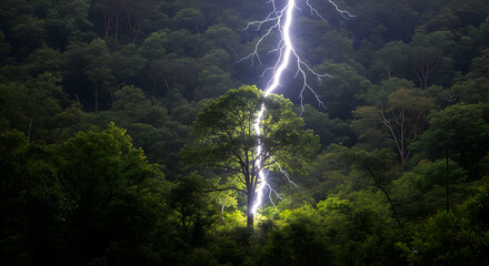 A vibrant lightning bolt pierces the twilight sky, illuminating a tall tree standing out in the dark, dense forest. The intense light contrasts with the shadowed greenery.