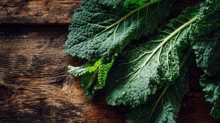 Fresh green kale leaves arranged on a rustic wooden table bathed in warm natural sunlight, showcasing organic farm freshness and vibrant textures