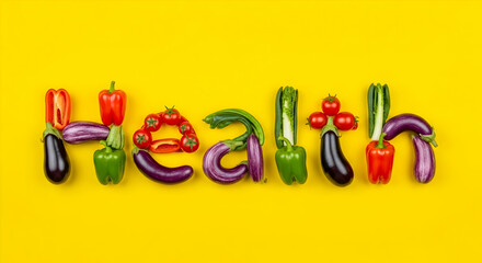 The word "HEALTH" is creatively spelled out using various fresh vegetables. Eggplants, peppers, tomatoes, and more are arranged on a vibrant yellow background, promoting healthy eating and wellness.