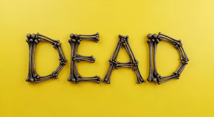 The word "DEAD" is spelled out with gray human bones against a bright yellow background. The bones are arranged to form the letters, creating a stark and slightly humorous Halloween-themed image.