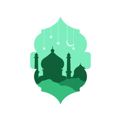 islamic silhouette frame for eid mubarak, ramadan, islamic event decorative. Silhouette landscape with camel, palm tree, mosque in desert and sand