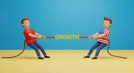 Economic Tug-Of-War: China Versus The U.S. In A Contest For Global Growth A stylized 3D render depicting a tug-of-war between