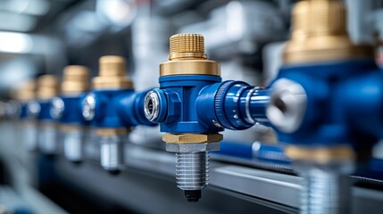 Fototapeta premium Close-up view of vibrant blue industrial valves showcasing precision and quality in manufacturing processes