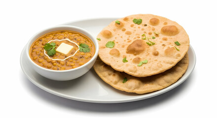 A creamy bowl of Dal Makhani, topped with butter and cilantro, is paired with two golden-brown Rotis on a clean white plate, set against a bright, solid white background.