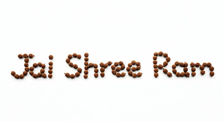 Jai Shree Ram Text Artistically Composed Using Rudraksha Beads on a White Background The phrase "Jai Shree Ram" is creatively