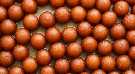 This image showcases rows of perfectly round, orange-colored gulab jamun, a classic Indian dessert, bathed in a light syrup. The close-up shot highlights the texture and moistness of the sweet treat.