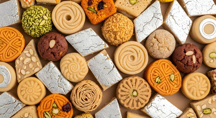 A vibrant collection of traditional Indian sweets, showcasing a variety of textures, colors, and flavors.  Close-up view of delectable mithai.