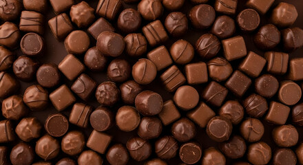 An overhead shot showcases a delightful assortment of milk chocolate candies in various shapes and sizes, creating a decadent and visually appealing display.