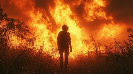 Fototapeta premium A solitary figure stands amid a fiery explosion, surrounded by tall grass as nature's fury unfolds at dusk