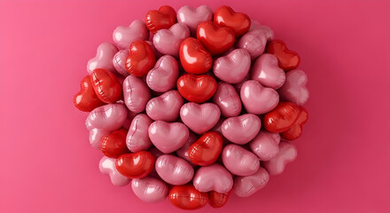 A bunch of pink and red heart-shaped balloons create a playful and romantic mood. The balloons are clustered together on a pink backdrop, suitable for Valentine's Day or a celebratory occasion.