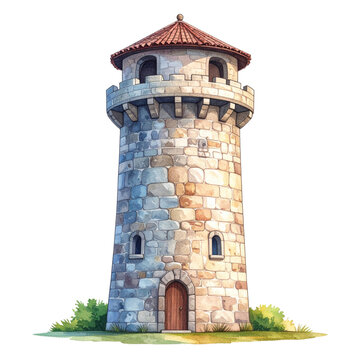 Stone Medieval Tower Illustration Watercolor Painting