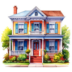Obraz premium Charming Two Story House Watercolor Illustration
