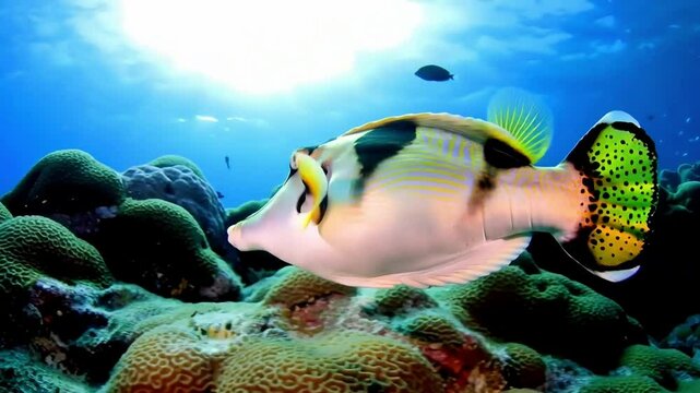 Close up of  Valentin's sharpnose pufferfish or saddled pufferfish or black saddled toby (Canthigaster valentini) in clear water deep in the ocean,macro, Great Barrier Reef, Australia.
