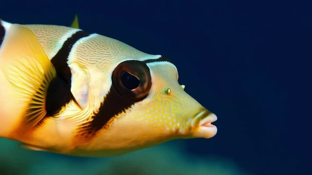 Close up of  Valentin's sharpnose pufferfish or saddled pufferfish or black saddled toby (Canthigaster valentini) in clear water deep in the ocean,macro, Great Barrier Reef, Australia.
