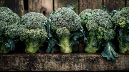 Fresh broccoli heads stacked neatly on aged wooden planks, captured in natural farm light to highlight their texture and freshness