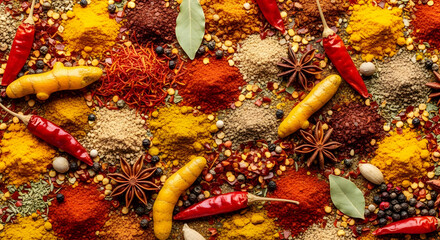 This image showcases a diverse array of spices, herbs, and peppers, creating a rich and colorful mosaic. The blend of textures and vibrant hues evokes a sense of culinary inspiration.