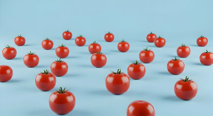 Symmetrical Array of Vibrant Red Tomatoes Against a Soft Blue Background, Conveying Cleanliness and Order A visually appealing arrangement of