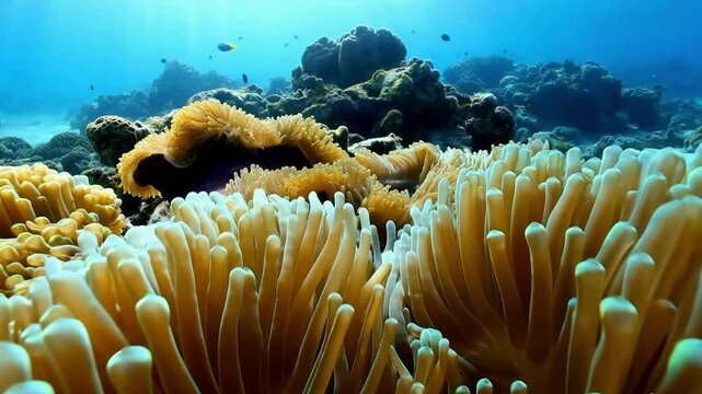 Timelapse of beautiful anemone coral reef opening up in Great barrier reef, Australia.
