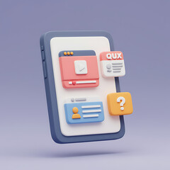 3D smartphone icon with e-learning app interface, notifications, and chat.