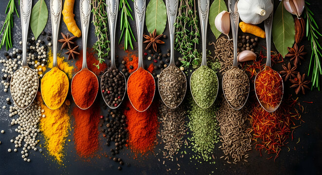A captivating flat lay showcases an array of vibrant spices and herbs in antique silver spoons, creating a visually stunning culinary scene.