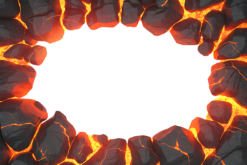Cracked lava rocks forming an oval frame with glowing orange heat isolated on transparent background