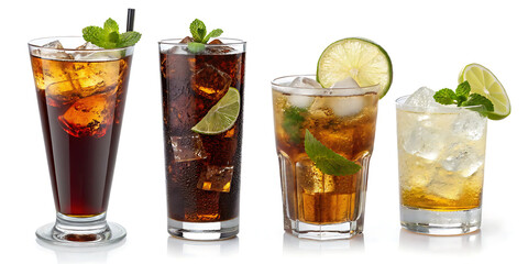 A refreshing assortment of cola cocktails with ice and lime isolated on white background