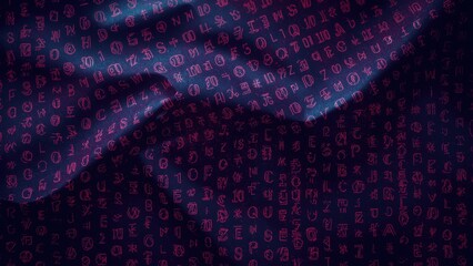 Close-up texture of dark fabric with red digital binary code pattern flowing, technology concept background for cybersecurity, programming, innovation, futuristic design, abstract data visualization,