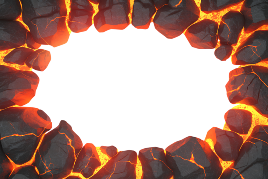 Cracked lava rocks forming an oval frame with glowing orange heat isolated on transparent background