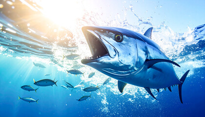 海の水面を飛び跳ねて小魚を捕食する大きなマグロ