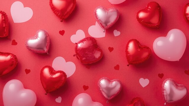 Close-up of red and pink heart-shaped balloons floating on red background, romantic Valentine's Day celebration, love and affection theme, festive decoration for holidays and parties, soft lighting m