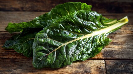 Fresh green Swiss chard leaves with prominent veins, arranged on rustic wood with sunlight highlighting their glossy texture
