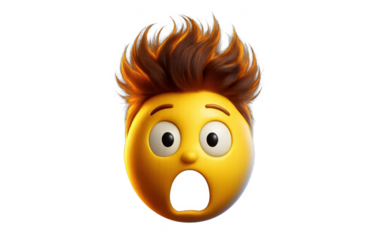 Emoji Expression: A 3D rendered yellow character with spiky hair, wide eyes, and an open mouth depicts shock, fear, or profound surprise on a blurred, digital background.