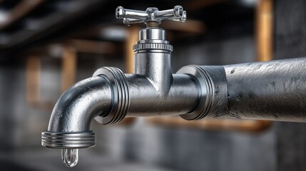 A close-up of a metallic faucet with a steady drip of water, highlighting the texture and details of the fixture. The image captures a simple yet essential aspect of everyday plumbing.