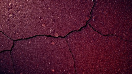 Fototapeta premium Close-up texture of cracked dark red asphalt surface with water droplets on rainy day perfect for background, construction, road maintenance, urban design, and abstract art projects