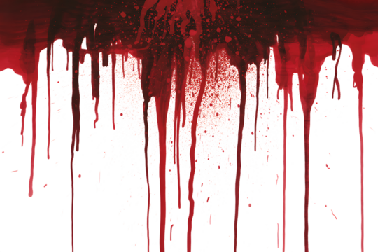 Red blood dripping and splattered effect isolated on transparent background