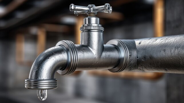 A close-up of a metallic faucet with a steady drip of water, highlighting the texture and details of the fixture. The image captures a simple yet essential aspect of everyday plumbing.